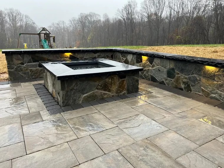 Square fire pit and wall